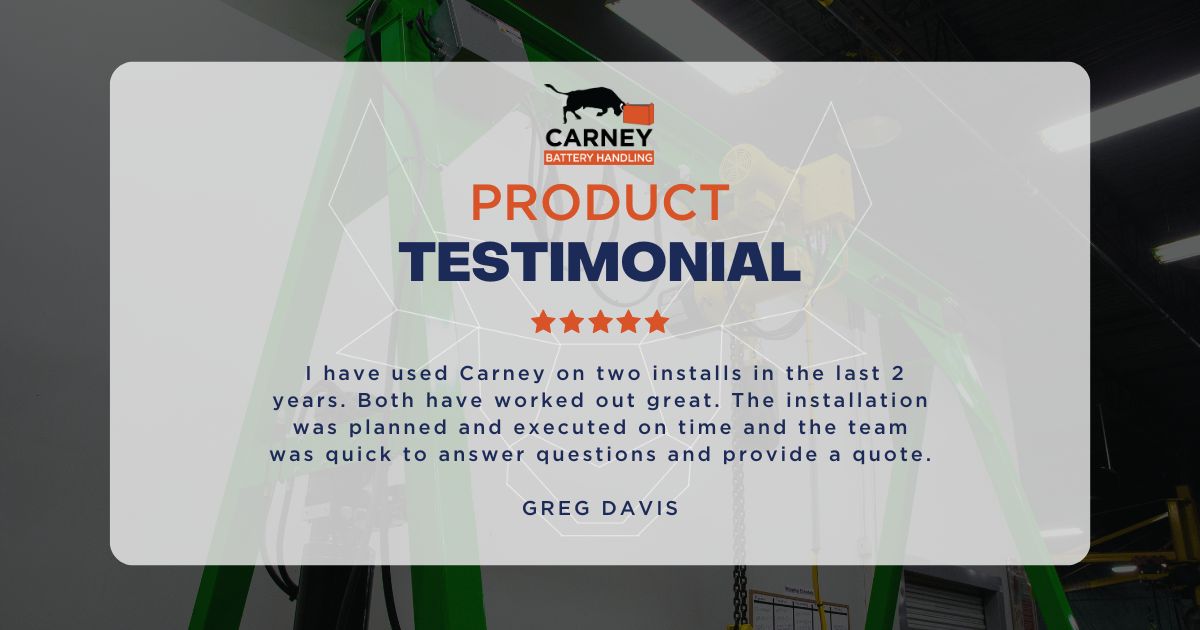 Easy to operate and built for lift-out battery management.

Here's what Greg Davis of Davis Warehousing had to say about his HGC install 👏.

zurl.co/govH
#carneybatteryhandling #testimonial #customersatisfaction #hydraulicgantrycrane