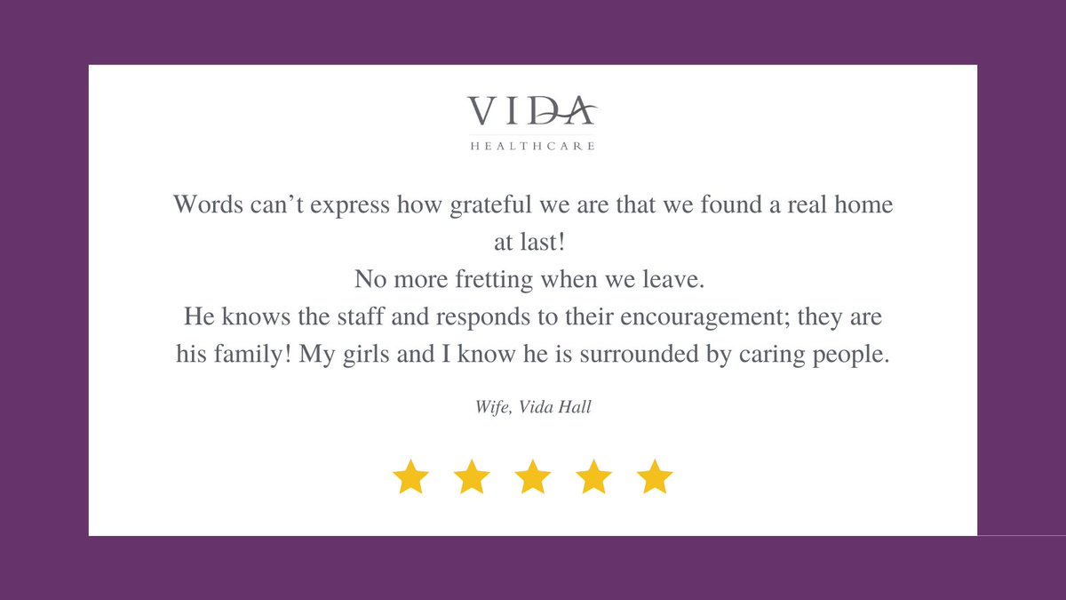 VidaHealthcare1's tweet photo. "Words can’t express how grateful we are that we found a real home at last!" 💜

To read more testimonials visit https://t.co/1GeRRisxSK

#vidahall #carehome #dementiacare https://t.co/hl9tGOhV2f