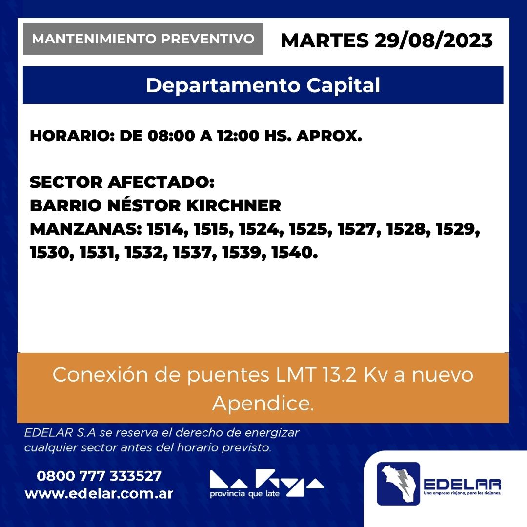 LineasNoticias's tweet image. Atención ‼️ #EDELaR ⚡️ realizará tareas de mantenimiento preventivo este martes 29/8 en el barrio 🏘️ Néstor Kirchner

📞 Línea gratuita para consultas: 0800-777-333527