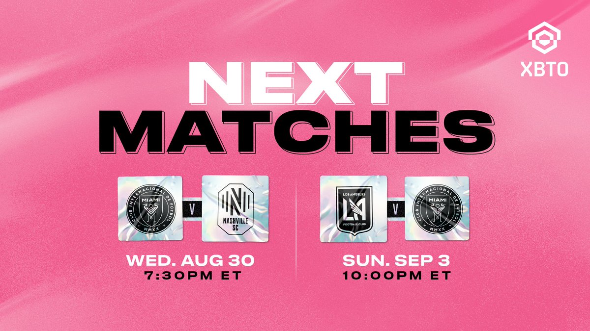 InterMiamiCF's tweet photo. Double match week 👏

⚽ #InterMiamiCF vs Nashville
📍 #DRVPNKStadium
📺 @AppleTV - Free

⚽ LAFC vs #InterMiamiCF
📍 BMO Stadium
📺 #MLSSeasonPass on @AppleTV https://t.co/NNSpe56qmc