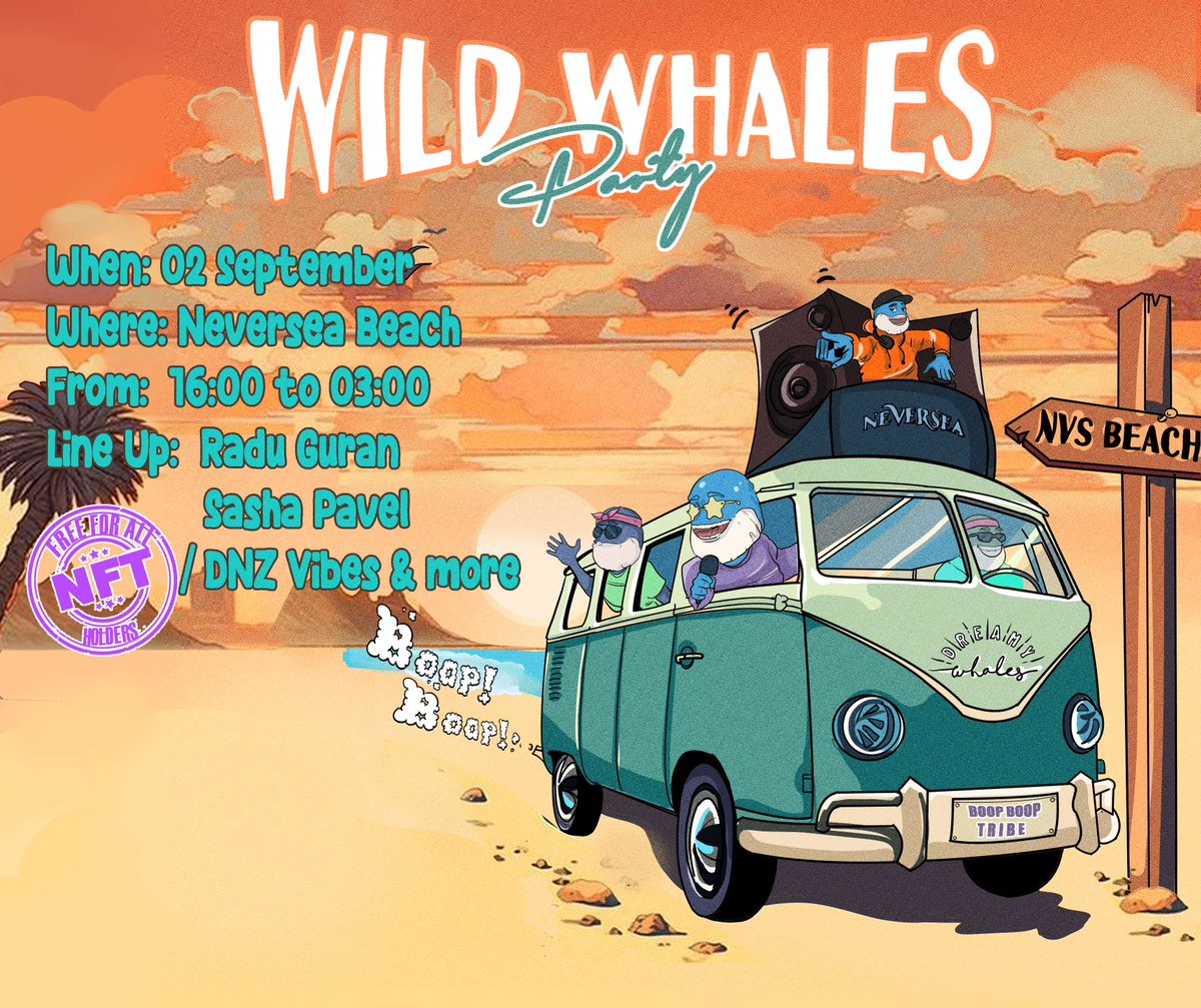 thedreamywhales's tweet photo. Wild Whales Party Alert: The Sandstorm

📅 Date: September 2nd, 2023
📍 Location: NVS Beach
⏰ Time: 6:00 PM - 3:00 AM

🎫 Entrance: Free for ALL NFT holders and enjoy a 50% discount on any drink! 🥂
✨ Hold ANY NFT in your wallet from ANY collection!
📝 Use the form provided in this message for details.*
For non-NFT holders: Free entrance only! 🎉

🚀 **THE FORM : https://t.co/rMzBcYmtRH**

🚌 Party Bus: from Bucharest straight to Neversea beach - FREE (with reservation)
🚍 Departure: 15:00 from Horoscop Hotel
🕒 Return: Next day - 13:00 from Neversea Beach
*📋 Use the Google form in the message to reserve your spot on the bus.*

🎵 Line Up: Featuring Radu Guran, DNZ Vibes, Sasha Pavel,🎧

🚌 Start the journey in the party bus with destination Neversea beach and keep the party alive for an electrifying 10-hour beach party marathon. 🏖️

🎶 Turn the sandy shores into your personal dance floor and let your spirit dance from dawn till dusk! 

🐋 Brought to you by the Dreamy Whales community, this ultimate beach party marks the grand finale for 2023. 🌅
🌊 Prepare for a cascade of unforgettable memories as we ride the waves of the Sandstorm, from the early light of dawn to the sun's descent.
🌊 Let's unite and craft incredible moments along the beach! 🎊
#boopboop #dreamywhales