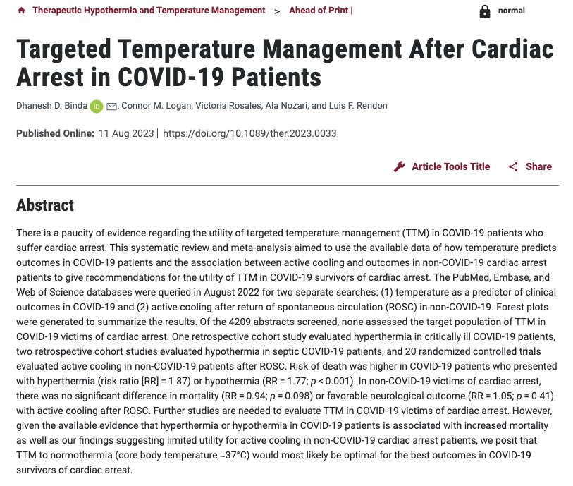 Our systematic review and meta-analysis on the utility of targeted temperature management in #COVID19 patients who suffer cardiac arrest is available now ahead of print @LiebertPub. Normothermia (∼37°C) would most likely be optimal for these patients. liebertpub.com/doi/full/10.10…