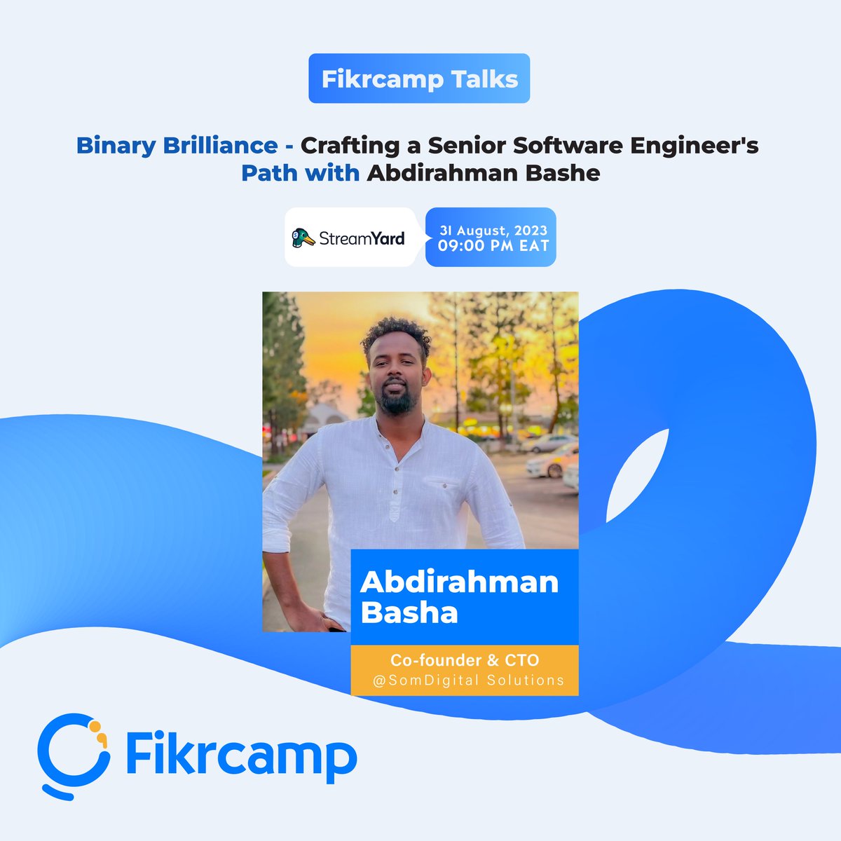 🚀 Join us for an inspiring virtual talk with Abdirahman Bashe, a trailblazing Senior Software Engineer and CTO at SomDigital!

🗓️ 31st August, 2023
🕒 09:00 PM EAT
📍StreamYard &amp; YouTube Live 

🌟 Click here learn more &amp; to reserve your virtual seat:  buff.ly/3QShzDi