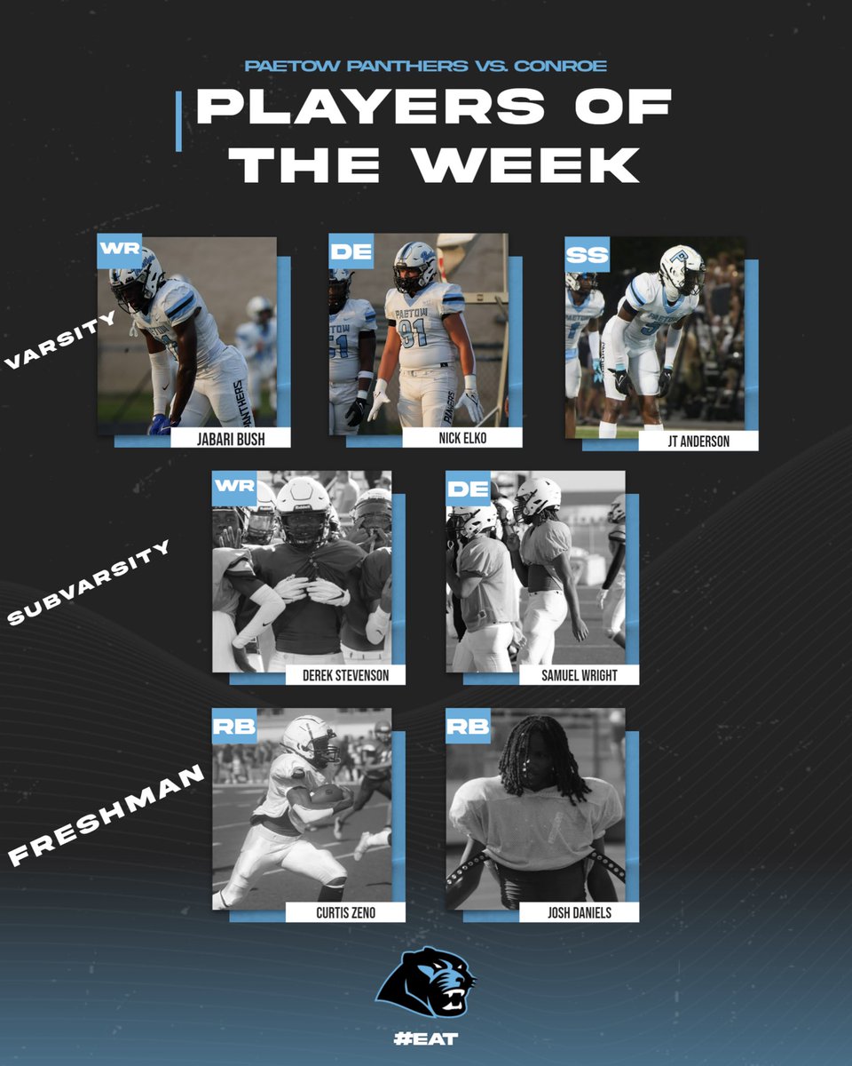 PaetowFootball's tweet photo. Congrats to the Opening Week #PanthersOfTheWeek!

They showed toughness and grit by any means!

Huge thanks to our #PaetowStrong community for your support!

On to Week 2! 
#EAT #TheHunt @coachdhicks @PaetowAthletics https://t.co/qlAtxUGhzo
