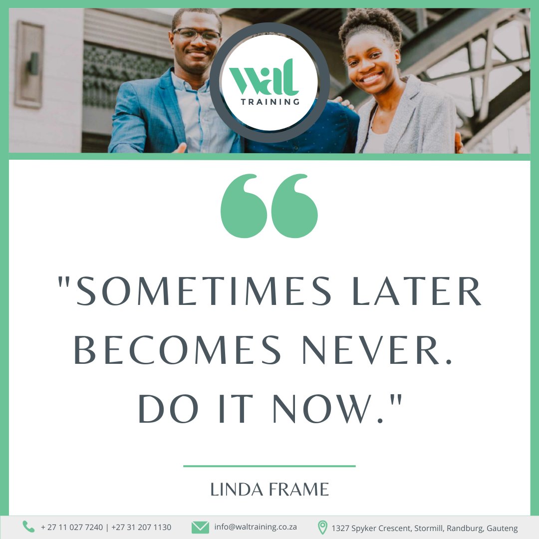 waltrainingza's tweet photo. Don't let opportunities slip away! If you've been considering apprenticeships with WAL Training, remember: "Sometimes later becomes never. Do it now."

Contact us today: 011 027 7240

#WALTraining #Apprenticeships #FutureSuccess #TakeActionNow https://t.co/wxYVyQazGN
