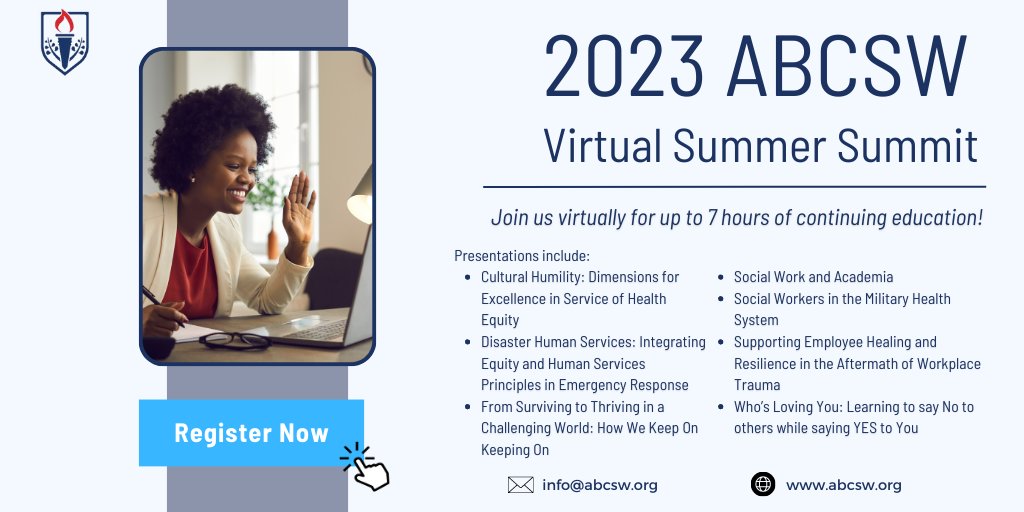 _abcsw's tweet image. TOMORROW! Don’t miss our Virtual Summer Summit! Register now on our website! tinyurl.com/virtualsummers…
.
.
#socialwork #socialworker #socialworkers #support #community #motivation #education #change #nonprofit #volunteer #community #counseling
