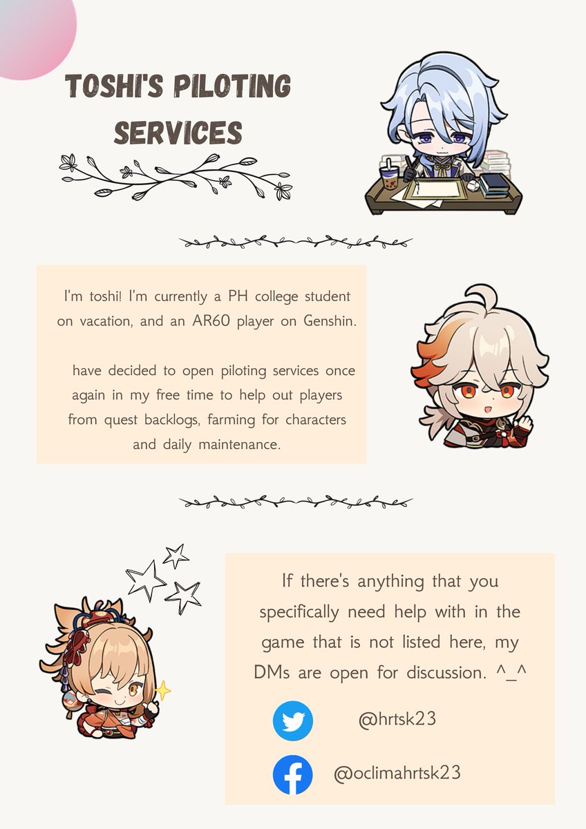 hrtsk23's tweet photo. have you been experiencing Genshin burnout? Busy with academics and have piled up with quest backlogs? I'm opening up pilot services in Genshin for personal funds before second year of college starts for me, RTs and likes appreciated!

#genshintwt #genshinpilot https://t.co/9ERuLhzwa2