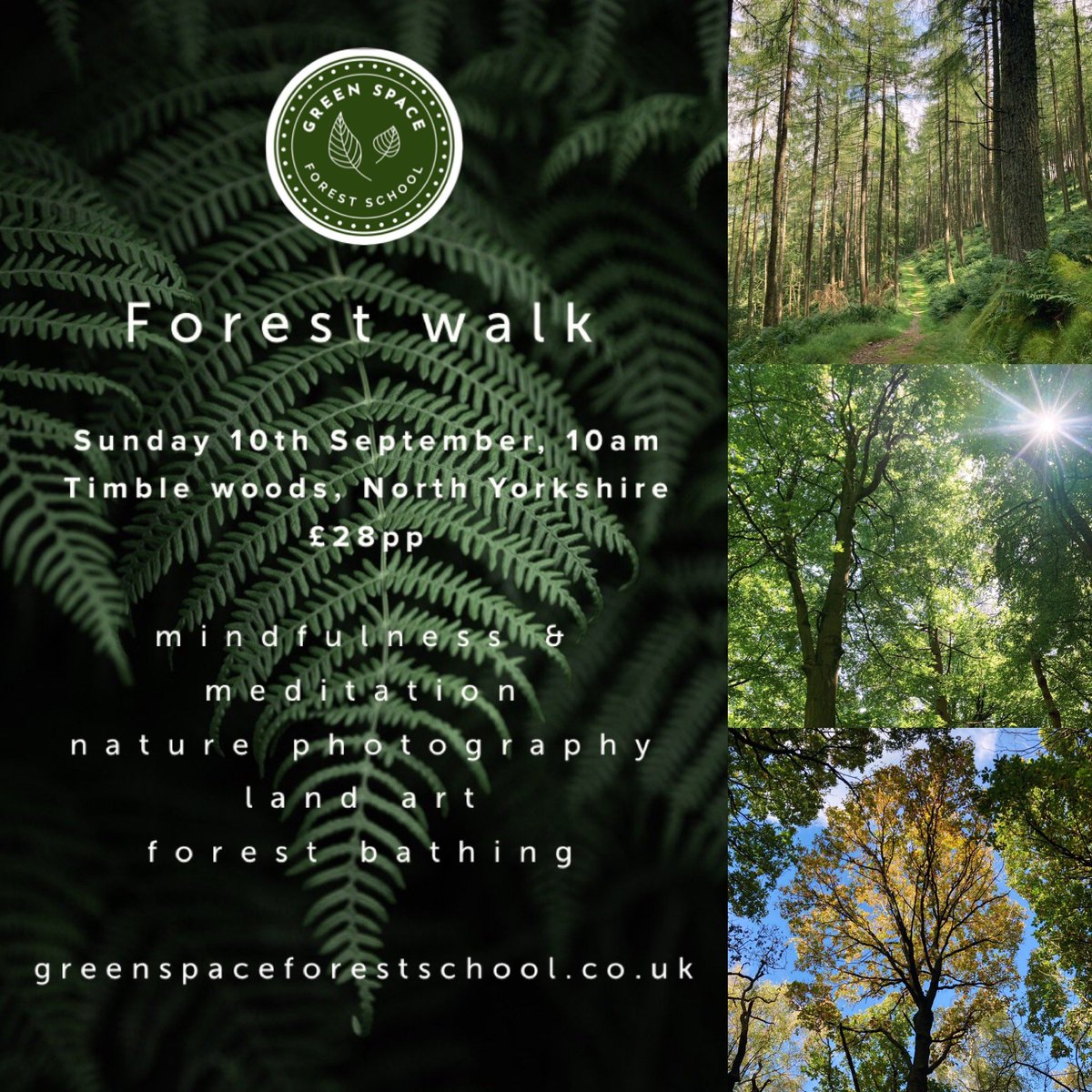 Next event coming up in Sept: Recharge and connect with nature on a mindful walk through the forest. Open up your senses and explore forest bathing techniques, nature photography, guided meditations and create land art. 🌳🙏
#Wellbeing #natureconnection 
greenspaceforestschool.co.uk