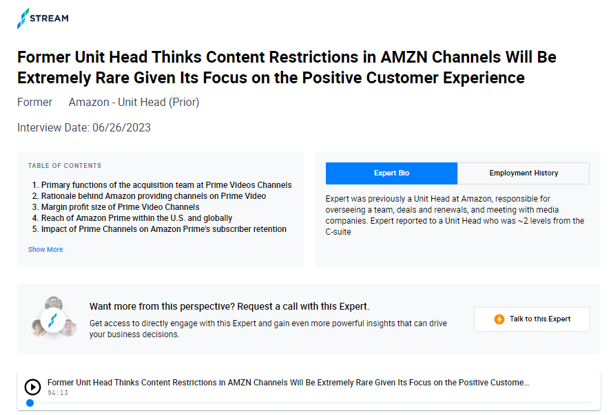 Former Unit Head Thinks Content Restrictions in $AMZN Channels Will Be Extremely Rare Given Its Focus on the Positive Customer Experience

"One of the primary drivers, when I came into the business, is to offer customers more optionality and flexibility in video choices, in lieu