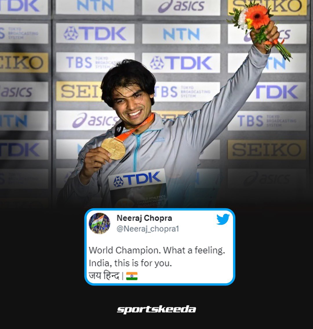 Incredible Neeraj Chopra! Jai Hind! 🇮🇳

#Budapest2023 #WorldAthleticsChamps #SKIndianSports