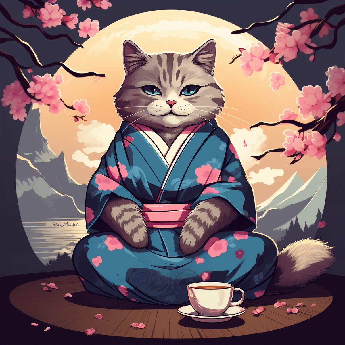 Amid life's symphony, find delight in the rests, for in the silence, the true essence of music lingers ✨
Have a nice week ♡

#ai #art #aiart #aiartwork #digitalart #mountains #kawaii #cat #sakura #tea #relax