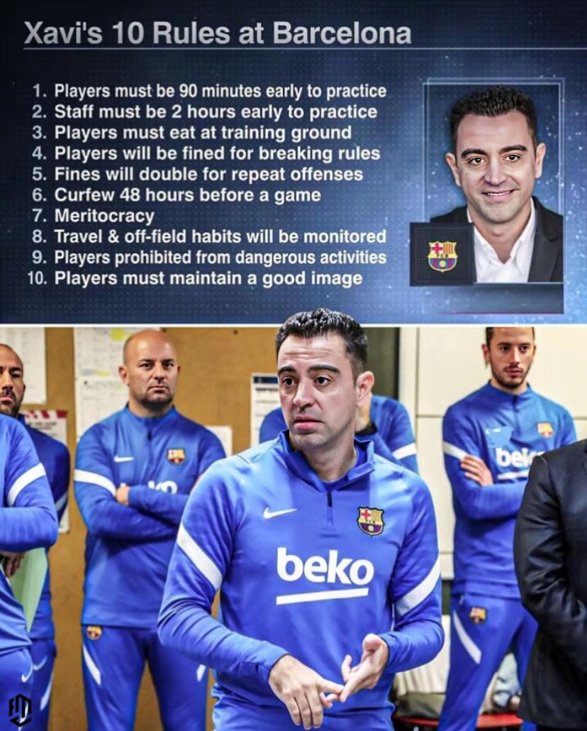🔵🔴 Xavi's Ten Commandments at Barcelona! Setting the standard high and ensuring discipline both on and off the pitch. The new era at Barça is all about dedication, professionalism, and excellence. 🚫⏰🍽️