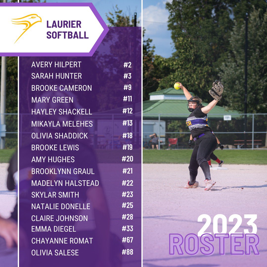 The 2023 Laurier Softball Roster! 💜💛We cannot wait to get our season underway next weekend in Ottawa!