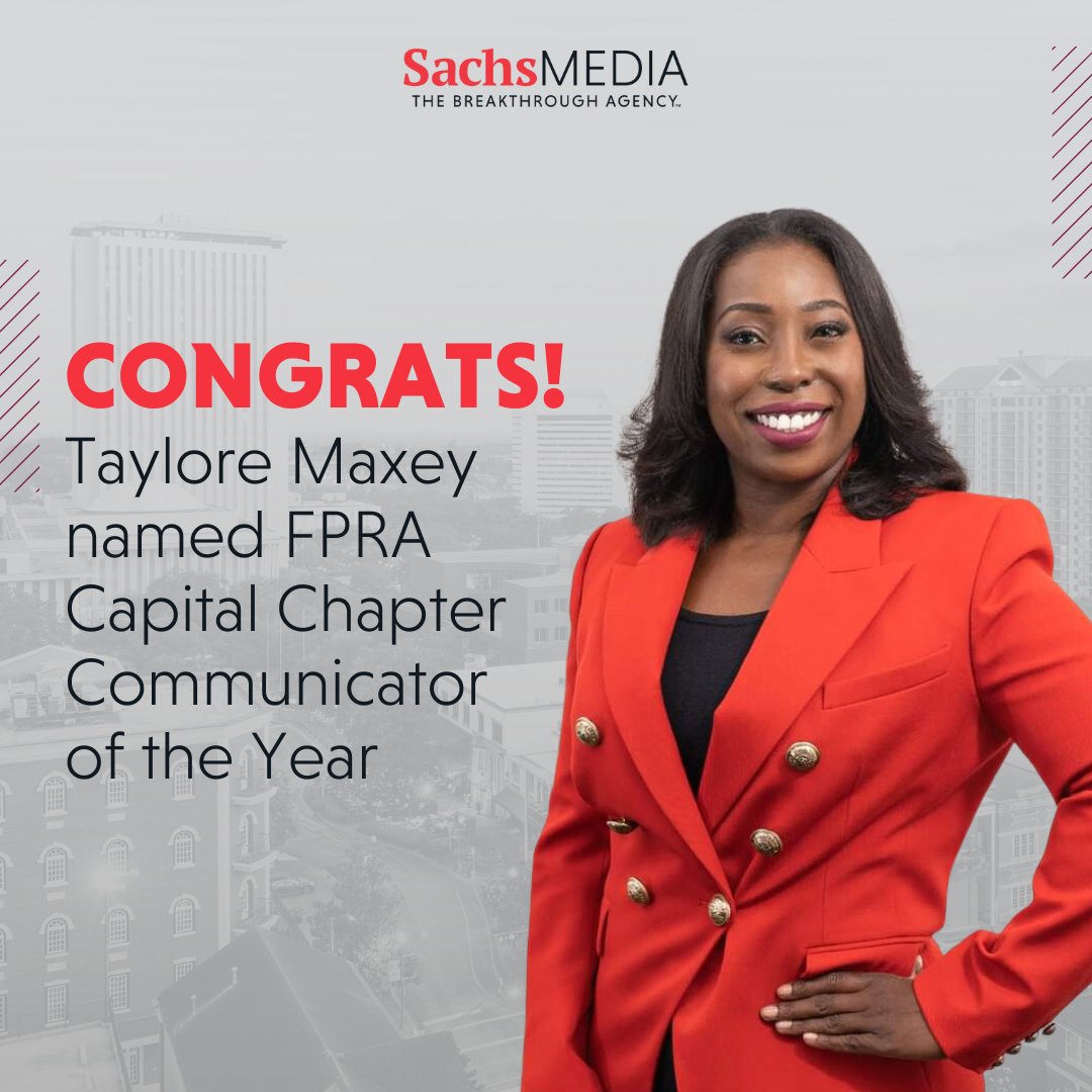 Sachs Media (@sachsmediagrp) on Twitter photo We’re so proud! Our very own Taylore Maxey has been named <a href="/FPRACapChap/">FPRA Capital Chapter</a> Communicator of the Year for her exceptional contributions to the PR profession and Big Bend community. Her superior communication skills and dedication to service are truly exceptional. Way to go, Taylore! We’re so proud! Our very own Taylore Maxey has been named <a href="/FPRACapChap/">FPRA Capital Chapter</a> Communicator of the Year for her exceptional contributions to the PR profession and Big Bend community. Her superior communication skills and dedication to service are truly exceptional. Way to go, Taylore!