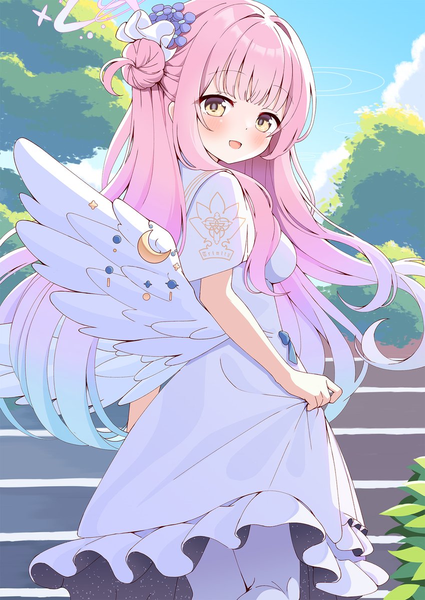 mika (blue archive) 1girl solo pink hair halo wings long hair dress  illustration images