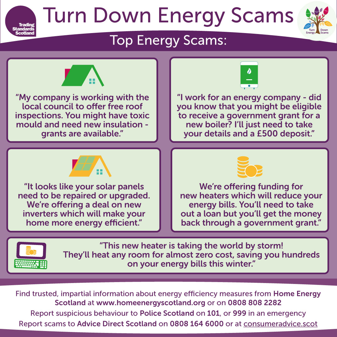Have you heard these common energy scams?

“You need new insulation”

“You qualify for a grant for a free boiler”

“These heating devices heat a whole room for almost zero cost!”

Find out more: tsscot.co.uk/priority-areas… #TurnDownEnergyScams