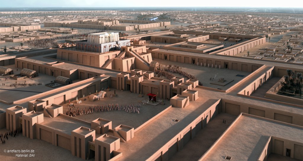 The 3-storey ziggurat was surrounded by a complex system of walls and courts. Arch. records document various installations.  A range of secondary sources were consulted. Over 4000 human models and 300 buildings were used in this view. 

🔗 artefacts-berlin.de/portfolio-item…