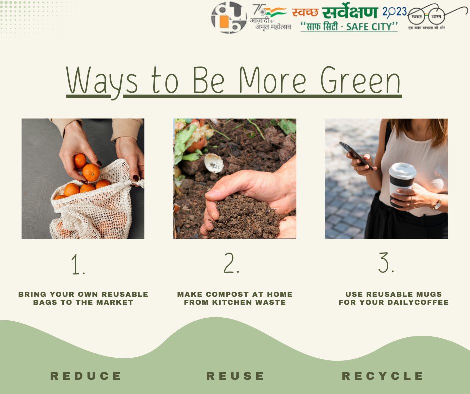 👉 Ways to be more 𝗚𝗥𝗘𝗘𝗡 - ♻️ 𝗥𝗲𝗱𝘂𝗰𝗲,♻️ 𝗥𝗲𝘂𝘀𝗲 & ♻️𝗥𝗲𝗰𝘆𝗰𝗹𝗲 ♻️ 𝗥𝗲𝗱𝘂𝗰𝗲 - Bring your own reusable bags to the market. ♻️ 𝗥𝗲𝘂𝘀𝗲- Make compost at Home from kitchen waste. ♻️ 𝗥𝗲𝗰𝘆𝗰𝗹𝗲- Use reusable mugs for your daily coffee. #dulbharyana