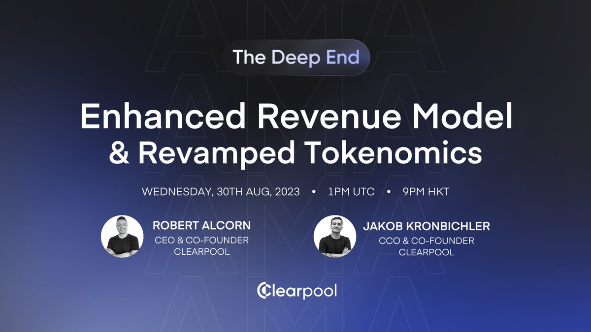 ClearpoolFin's tweet photo. 📢 Join us at 'The Deep End' AMA with co-founders @Rob8830 &amp; @JKronbichler as we reveal Clearpool's enhanced revenue model and revamped tokenomics. 

📩 Submit your questions on Twitter/X using the hashtag #ClearpoolAMA.

Set your reminders 👇
https://t.co/AQ5qRfevVV

$CPOOL https://t.co/xxSJqUQvdD