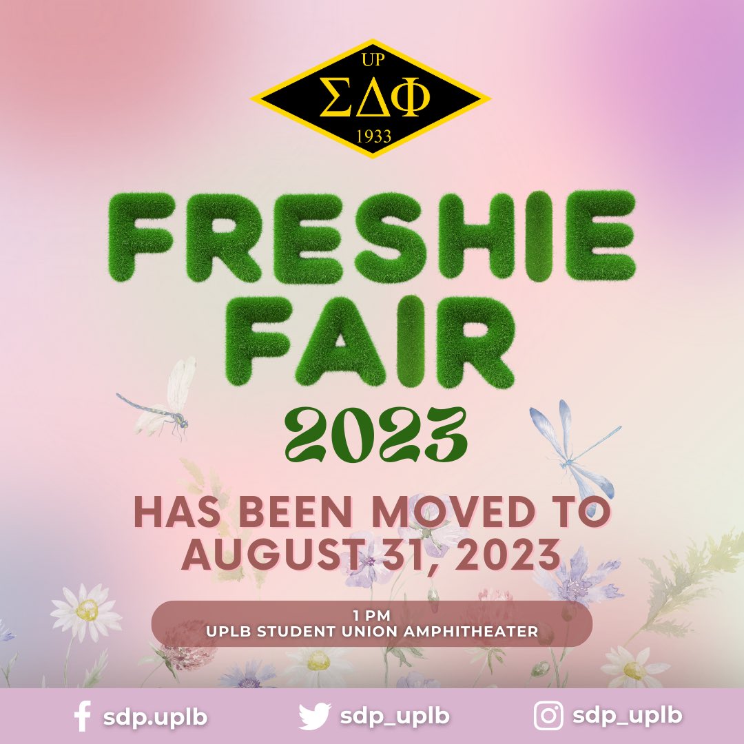 sdp_uplb's tweet photo. Hello, Freshies, Shiftees, and Transferees! 🌻

We regret to inform you that the Freshie Fair scheduled for today is postponed to 𝗔𝘂𝗴𝘂𝘀𝘁 𝟯𝟭 (𝗧𝗵𝘂𝗿𝘀𝗱𝗮𝘆), due to the inclement weather. https://t.co/hVVqMZLj2M