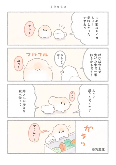 マンガ ぽぽちとぱぴち⑨ 1/2  ꒰ ՞•ﻌ•՞ ꒱.。o( 好きな食べ物は… )  #ポメラニアン #漫画が読めるハッシュタグ