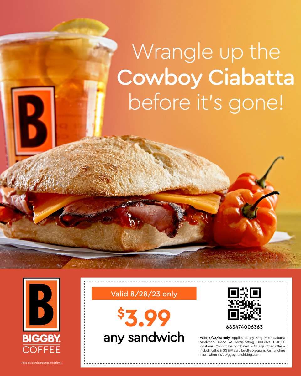 Bite into deliciousness while you still can! Enjoy any Bragel® or ciabatta sandwich for only $3.99! Offer valid 8/28/23 only. Never miss out on your favorite offers by signing up for our E-Wards program here: buff.ly/3lz9XFN