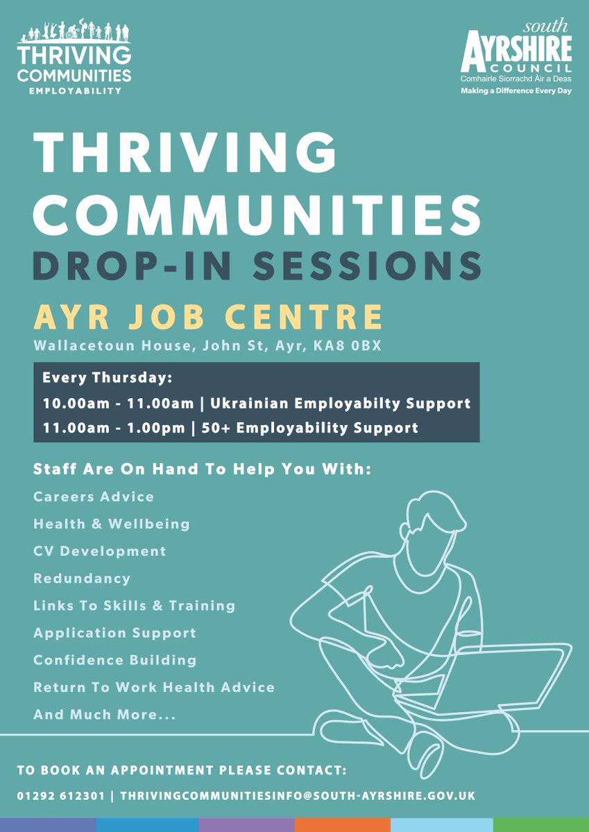 📢Focussed Employability Drop In – DWP John Street, Ayr  📢

Employability support for Ukrainians and people who are 50 +

Every Thursday 
 
For more information contact :-
✉️ Thrivingcommunitiesdmin@south-ayrshire.gov.uk 
📲  01292 612301

#ThrivingCommunities
#Employability