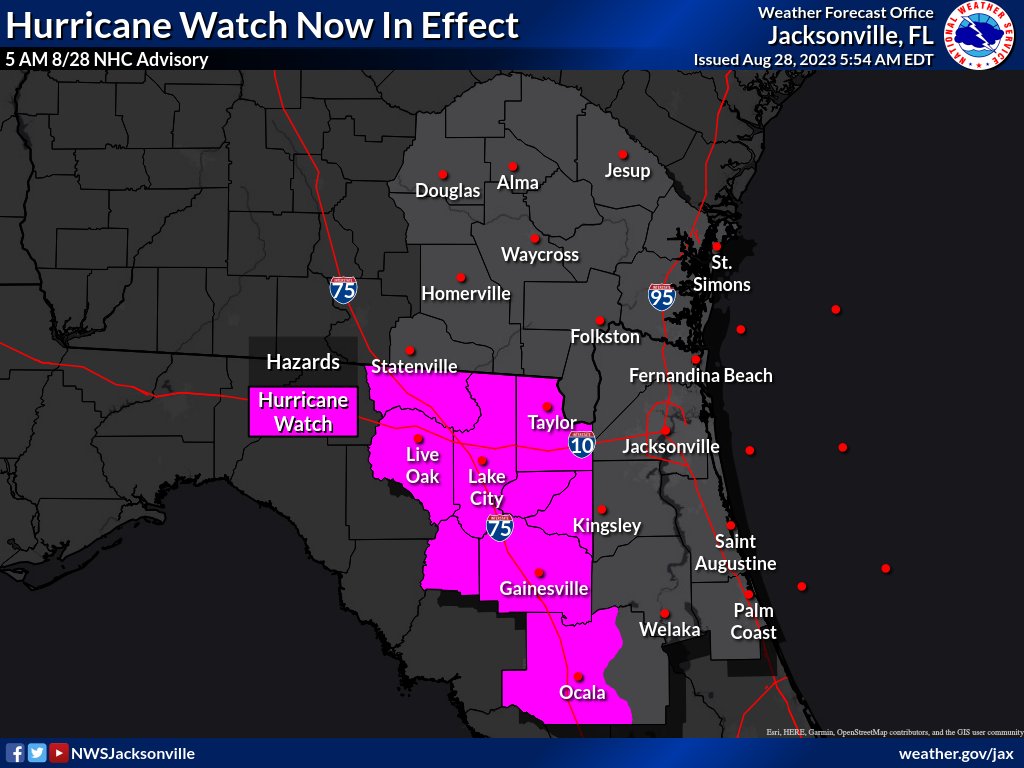 NWSJacksonville's tweet photo. 🌀5 AM Tropical Storm Idalia Update (Monday 8/28)

Idalia is forecast to intensify into a major hurricane and make landfall Wednesday morning near the Florida Big Bend area. A Hurricane Watch is now in effect for portions of north Florida (see graphic). https://t.co/UsTS9XXq1K