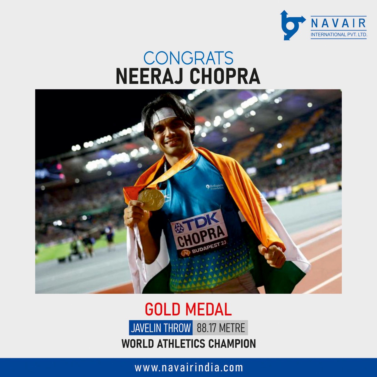 🏆🔥Big cheers to Neeraj Chopra for his incredible Gold-winning throw of 88.17 meters in javelin at the World Athletics Championship! 🌍🥇 Congratulations on this remarkable achievement! 🎉👏 #Neerajchopra #Worldathleticschampion #Goldmedal #Excellenceinsports #Navairfiredoors