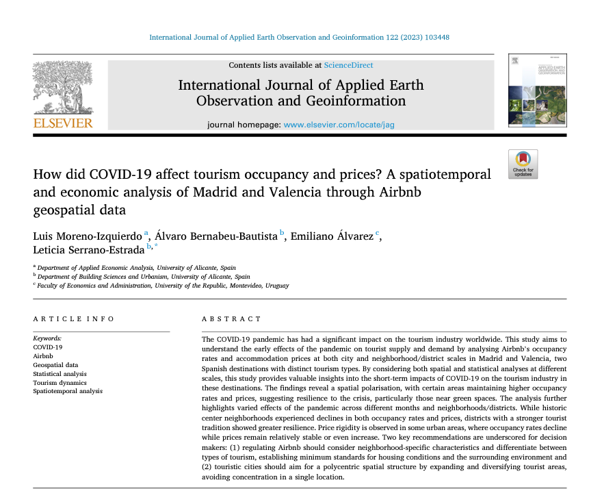 Fresh from the oven 🔥 Our latest research "How did COVID-19 affect tourism occupancy and prices? A spatiotemporal and economic analysis of Madrid and Valencia through Airbnb geospatial data" w/
@luismoreno_tw,  <a href="/leticiaserranoe/">Leticia Serrano-Estrada</a> &amp; Emiliano Álvarez
is now available in JAG 👇