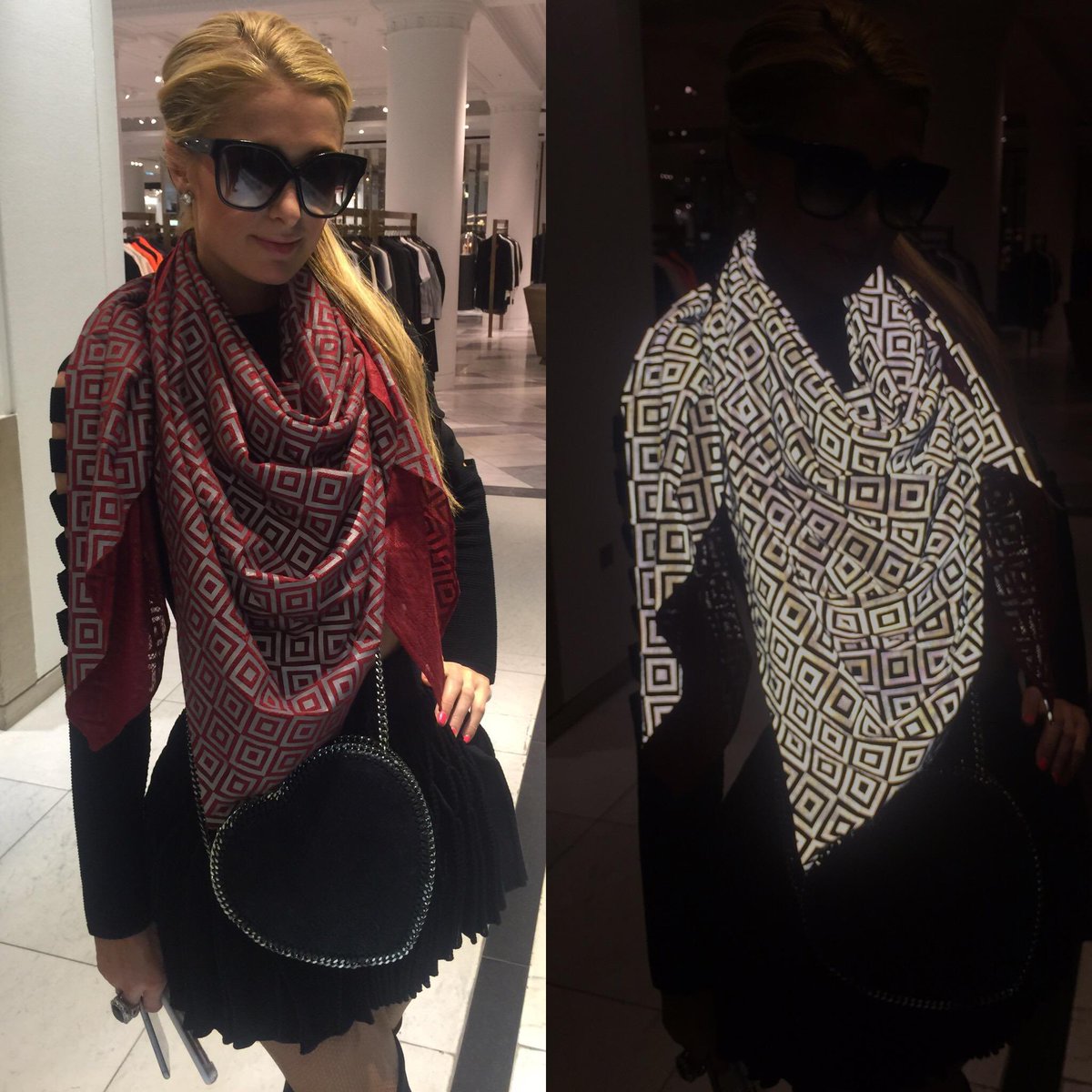 paris hilton wearing an anti-paparazzi scarf that obscures flash photography and ruin anyone’s picture