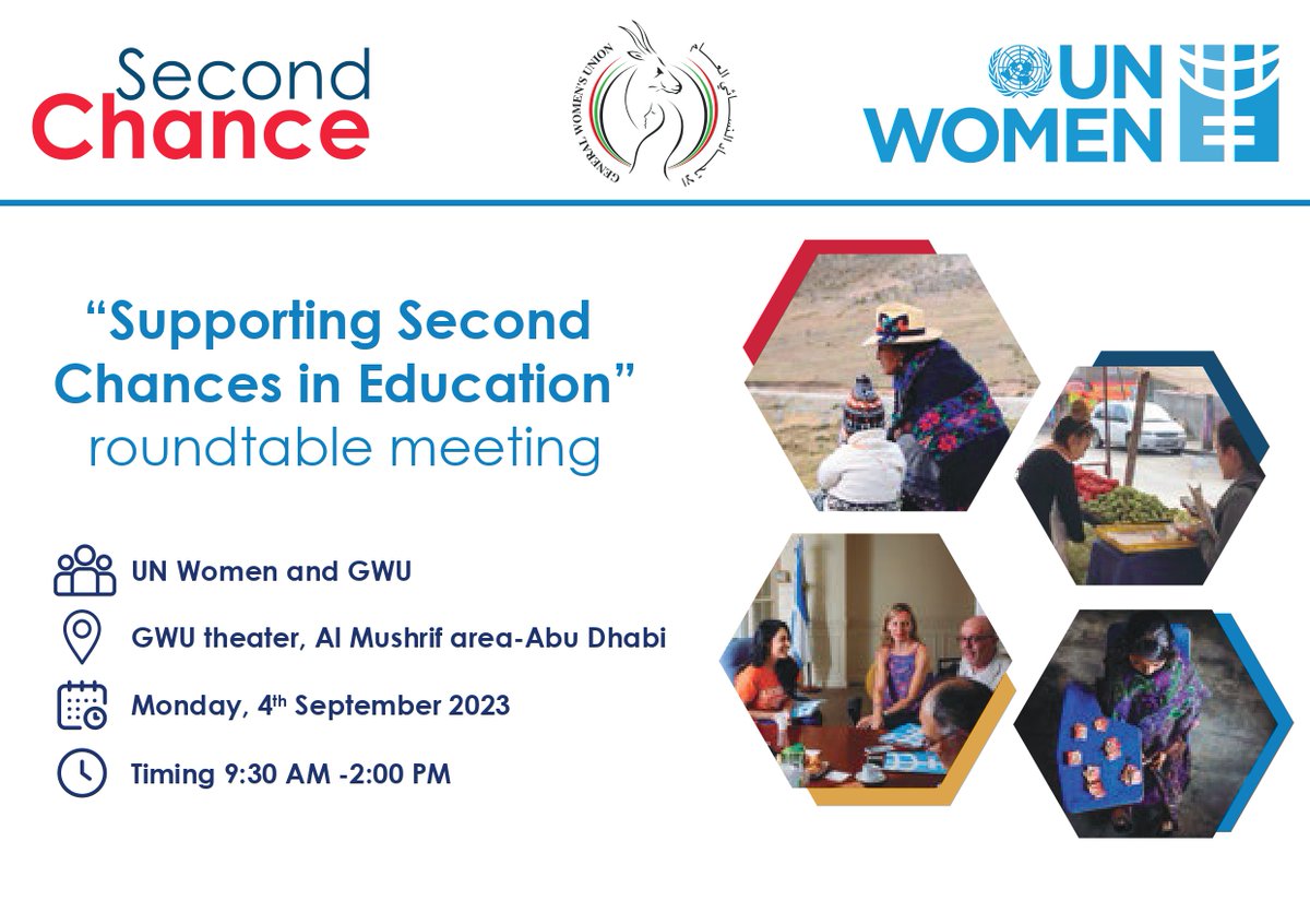 unwomenuae's tweet photo. Under the patronage of HH Sheikha Fatima bint Mubarak, @UAEGWU, @UN_Women are organizing an event on the #SecondChance education programme to highlight opportunities for advancing women’s access to education. Stay tuned!

#SCEAbudhabi https://t.co/MUf3WnHWd6