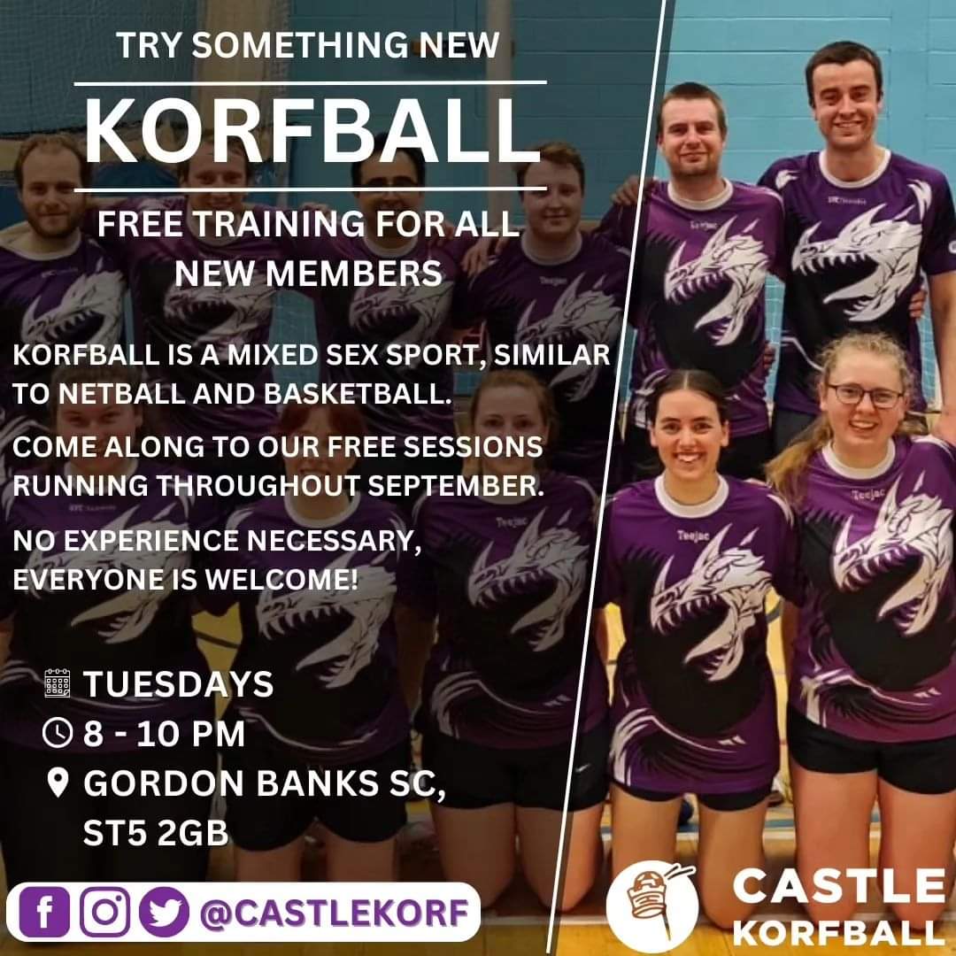 💜 Looking to try a new #sport? Castle are recruiting! 
#korfball is a great way to keep fit, make friends and have fun.
September training is FREE for all new starters🏀
#newcastleunderlyme #stokeontrent <a href="/Sotlive/">StokeonTrentLive</a> @StaffsUni <a href="/WhatsOnStaffs/">Staffordshire What's On</a> #sports <a href="/BBCRadioStoke/">BBC Stoke & Staffordshire</a> <a href="/SoTCityCouncil/">Stoke-on-Trent CC</a>