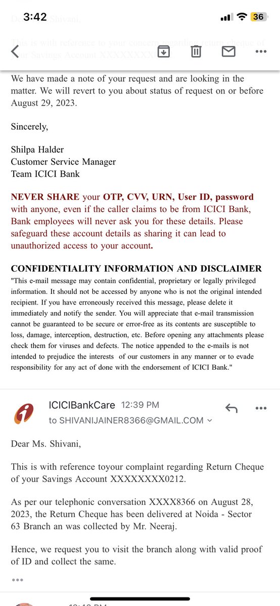 JainerShiv65641's tweet photo. I have not received my cheque yet. When I spoke to the customer care representative at the bank, they informed me that it has been delivered to the Noida 63 branch. However, when I went to the branch, they told me that they have not received it yet.@ICICIBank_Care 
@BlueDartCares https://t.co/vckyplleIb