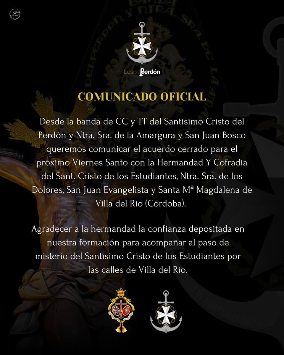LosdelPerdon's tweet photo. El pasado 27 de agosto se procedió a la firma del contrato que nos une a la Hermandad Y Cofradía del Sant. Cristo de los Estudiantes, Ntra. Sra. de los Dolores, San Juan Evangelista y Santa Mª Magdalena de Villa del Río (Córdoba) para el próximo Viernes Santo de 2024. https://t.co/CbQXLy9uPN