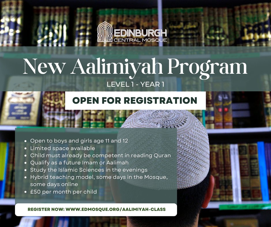 There are only 15 spaces available for each group and the places will be allocated to students who pass the entry test on a first-come-first-served basis.
For more information and to apply: edmosque.org/aalimiyah-class