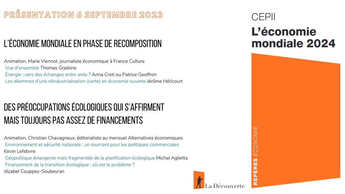 L’économie mondiale en phase de recomposition 🔀Le 6 septembre, nous présentons notre ouvrage 'L'#Economie mondiale 2024'@Ed_LaDecouverte. Programme et inscriptions cepii.fr/CEPII/fr/evene… #inflation #réindustrialisation #TransitionEnergetique #decroissance #énergie #EcoMond2024