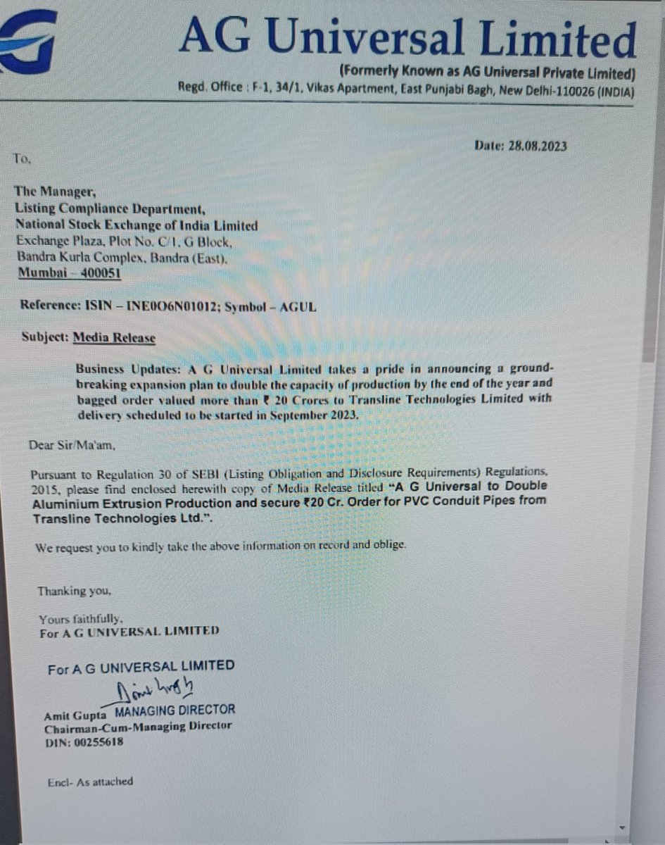 ZoyevKhan's tweet photo. #AGUL, #AGUniversal Ltd, #Capex plan plus New order, Double Dhamaka... https://t.co/dl1culS9bS