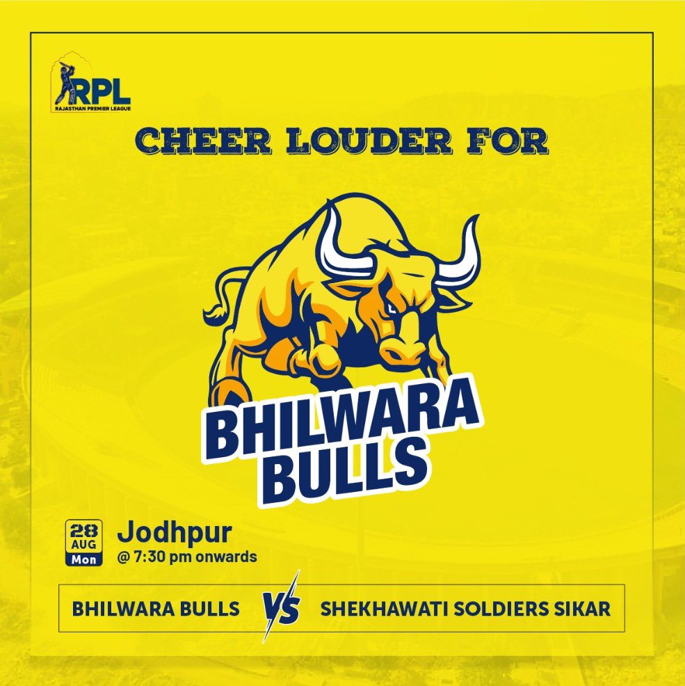 Bhilwarabulls's tweet photo. Get ready to cheer for the Bhilwara Bulls in their first match today! Let's show our support and wish them the best of luck on the field! 🏏🐂 #BhilwaraBulls #FirstMatchDay #rajasthnpremierleague #rpl23 #captainchahar #RPL2023 #bhilwara #rpl2023kickoff https://t.co/0ExqtJEBaQ