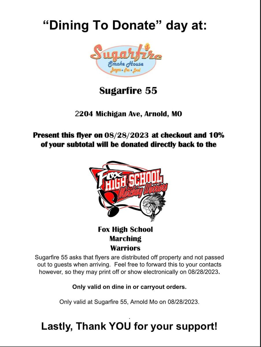 Fox HS Bands (@fox_bands) on Twitter photo Help out <a href="/Fox_Bands/">Fox HS Bands</a> by eating at <a href="/SugarFireSmoke/">SugarFire Smokehouse</a> in Arnold today! Present this flyer and the band will receive 10% of your order!! <a href="/foxc6super/">Dr. Paul Fregeau</a> <a href="/DrSherp/">Fox High Principal</a> <a href="/FoxC6Schools/">Fox C-6 Schools</a> <a href="/FoxHSActivities/">Fox High School Activities</a> Help out <a href="/Fox_Bands/">Fox HS Bands</a> by eating at <a href="/SugarFireSmoke/">SugarFire Smokehouse</a> in Arnold today! Present this flyer and the band will receive 10% of your order!! <a href="/foxc6super/">Dr. Paul Fregeau</a> <a href="/DrSherp/">Fox High Principal</a> <a href="/FoxC6Schools/">Fox C-6 Schools</a> <a href="/FoxHSActivities/">Fox High School Activities</a>