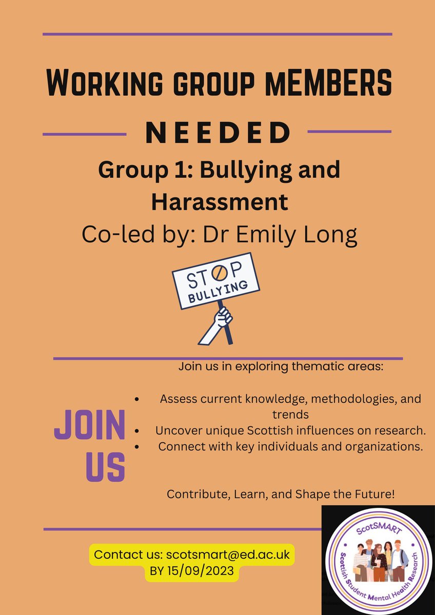 ScotSMART_22's tweet photo. Passionate about bullying and harassment? Join the work of @ScotSMART_22 as we delve into #bullying and #harassment research in #Scotland. 
Students, academics, practitioners – your perspectives matter! Join our 1st working group, co-led by @DrEmily_Long
DM or email us by 15/09👇 https://t.co/sQ4diT6sCB