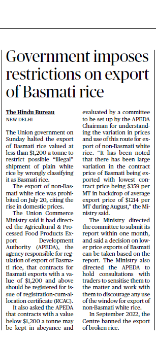 upsc_vikhyat's tweet photo. GS -3 Syllabus Topic – transport and marketing of agricultural produce and issues and related constraints
The government has imposed restrictions on the export of Basmati rice in order to conserve domestic supplies and ensure food security. #BasmatiRice #ExportRestriction https://t.co/Ua9crcFq3R