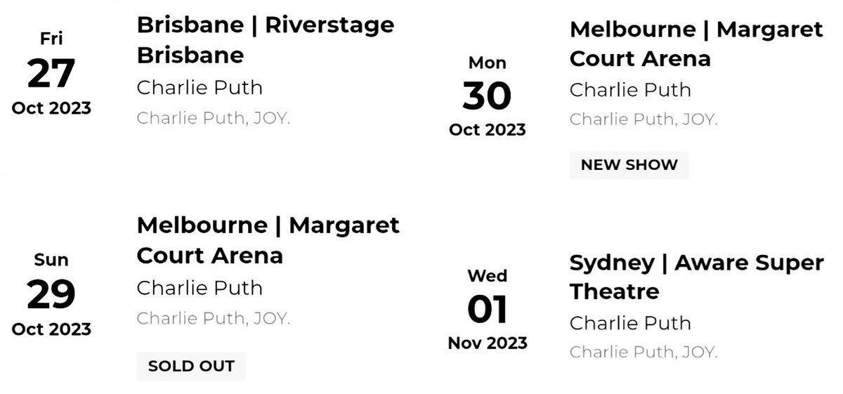 PuthConcerts's tweet image. Charlie Puth is heading to Australia for his first ever tour there. Tickets are available on Live Nation.  @charlieputh 
livenation.com.au/artist-charlie…