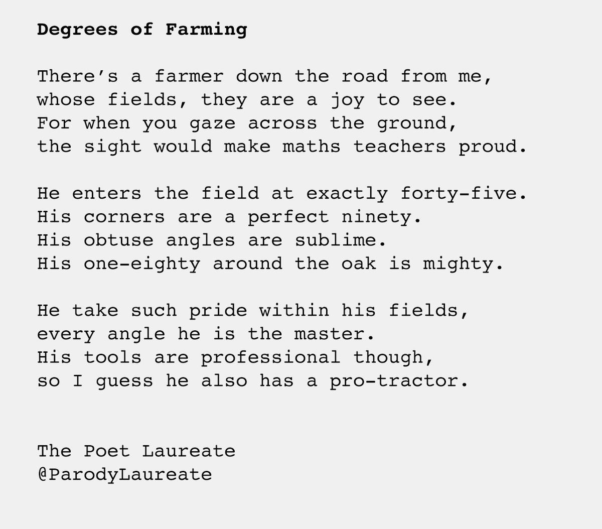 ParodyLaureate's tweet photo. In my head he's probably driving a @JohnDeere  :-P 

#farming  #poem https://t.co/Z9eHb0QLNN