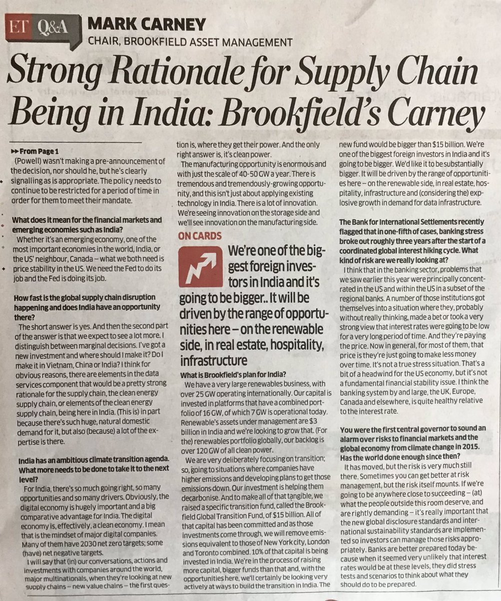 RomeshNadir's tweet photo. #NewsPositive
Brookfield’s Mark Carney is looking to grow $25-billion asset portfolio in India further. He sees India has a big opportunity amid global supply chain disruptions. For India, there is so much going right, so many opportunities & so many drivers with digital economy https://t.co/Cv4Jr7wxPT