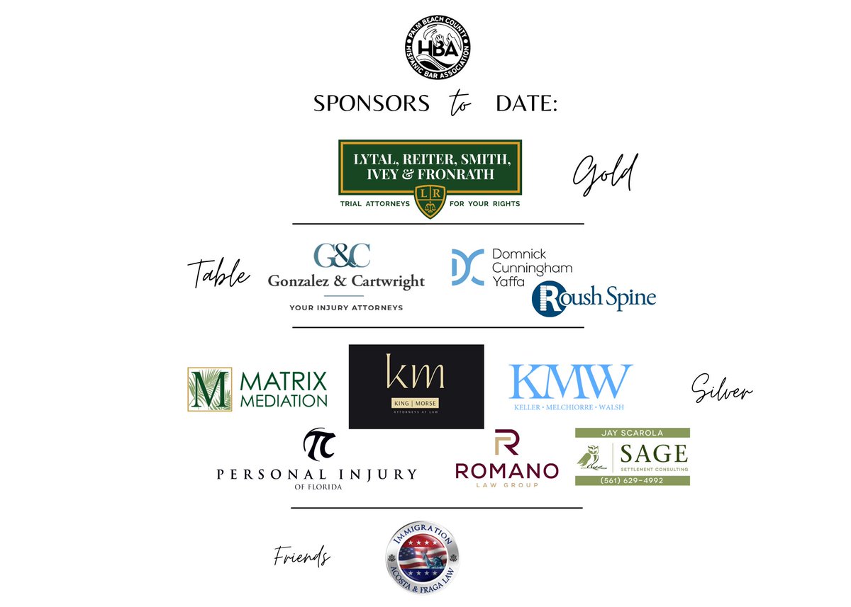 We are eternally #grateful for our growing list of sponsors for our biggest event of the year, the Justice Labarga Gala. THANK YOU, sponsors!

Register for the gala here: pbchispanicbar.com/event-5238547