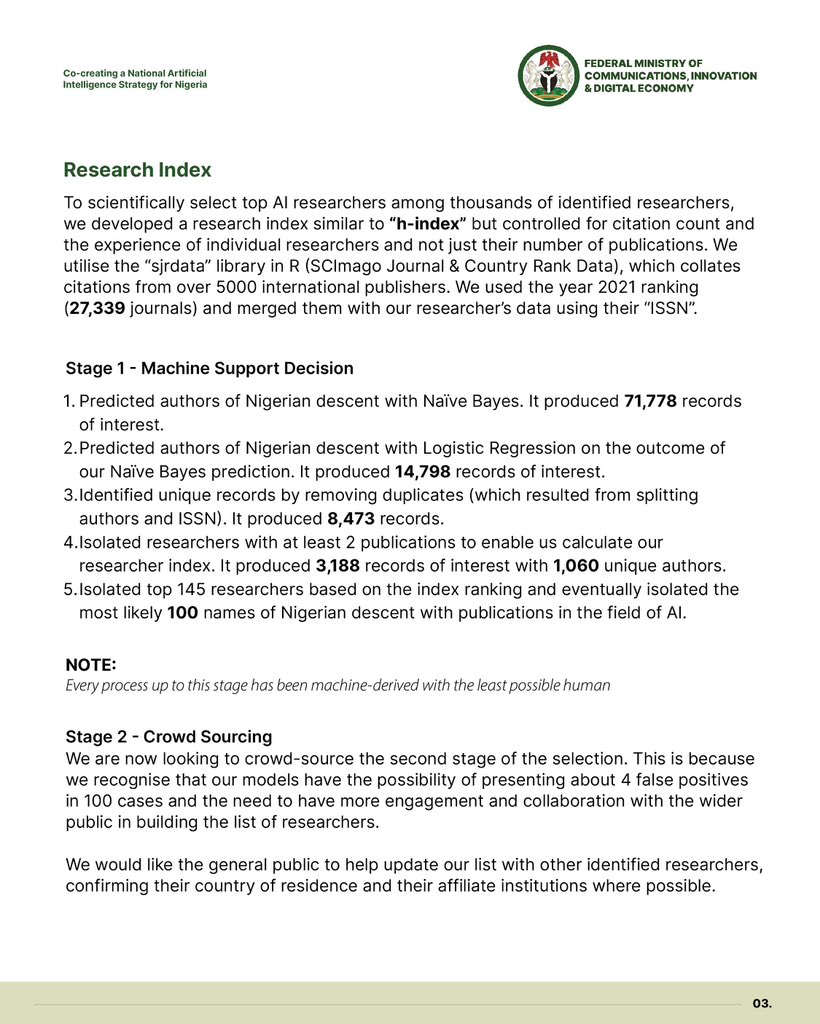 We’re curating a list of the top researchers of Nigerian descent from all over the world to join us in co-creating a National AI Strategy. The strategy will help shape our approach to building innovative tech solutions to our most pressing national problems…1/2