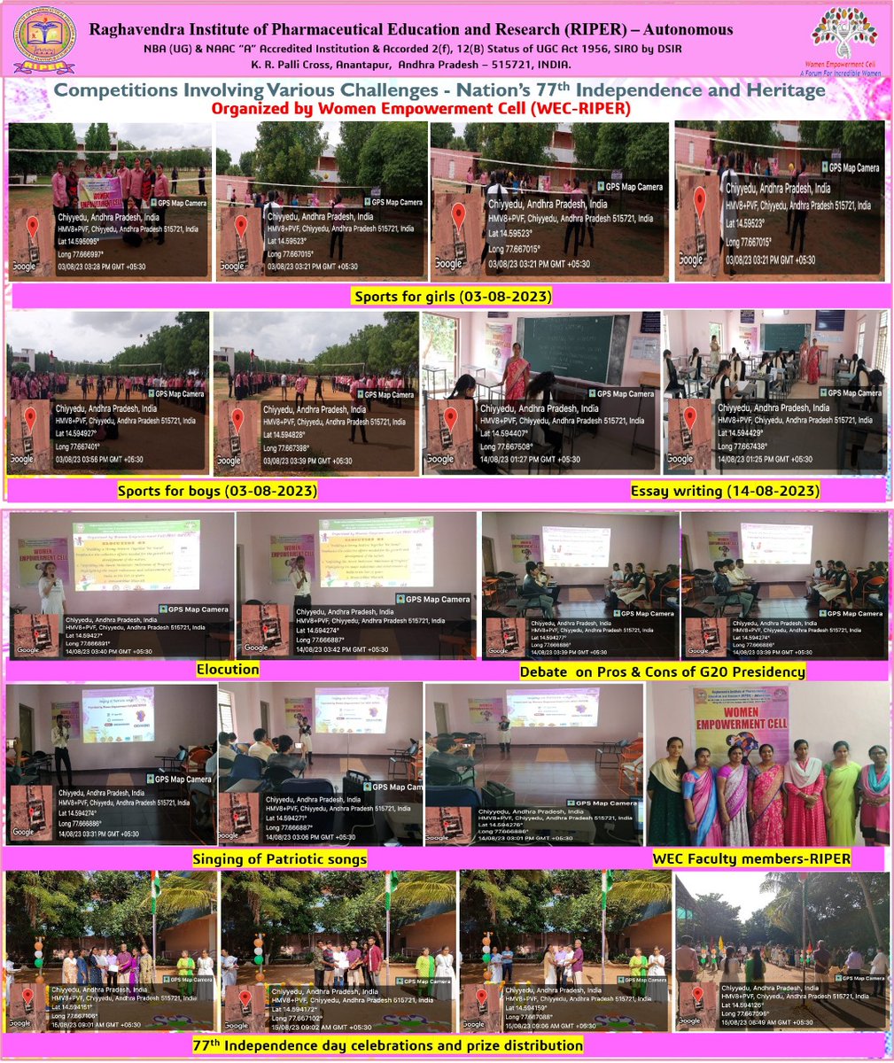 Glimpses of competitions involving various Challenges on the occasion of 77th Independence day celebrations and prize distribution at RIPER, Anantapur Organized by Women Empowerment Cell.