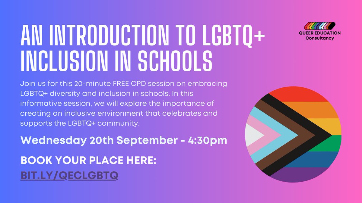 🌈 Join us for a FREE 20-min CPD session on embracing LGBTQ+ diversity in schools! Open to anyone who works with students in schools #LGBTEd #InclusionMatters #DiverseEd #FreeCPD