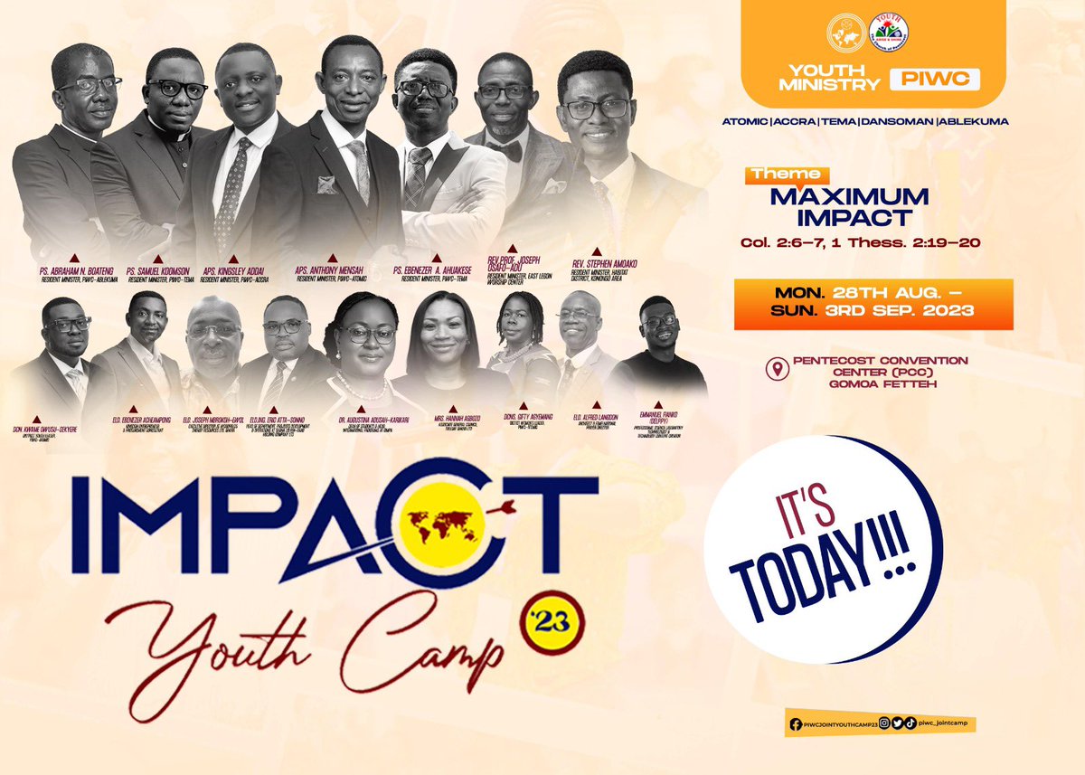 The most exciting time of the year is here🤍🎉

IT'S TODAY!!!🔥

It's IMPACT TIME!!!

Bringing you all the excitement and highlights from the #PIWCJOINTYOUTHCAMP2023 

#PIWCJOINTYOUTHCAMP2023
#IMPACTYOUTHCAMP2023
#MAXIMUMIMPACT